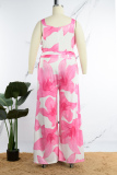 Rose Red Casual Vacation Simplicity Floral Vests Printing Square Collar Straight Jumpsuits