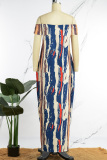 Stripe Casual Print Patchwork Pocket Off the Shoulder Lantern Dress Dresses