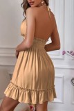 Camel Sexy Casual Solid Backless Halter Sling Dress Dresses