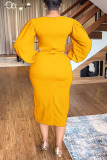 Yellow Elegant Solid Hollowed Out Patchwork Slit O Neck Wrapped Skirt Dresses