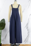 Deep Blue Casual Vacation Solid Buttons Square Collar Loose Jumpsuits