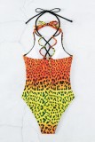 Orange Sexy Print Leopard Bandage Hollowed Out Backless Swimwears (With Paddings)