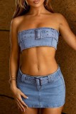 Blue Sexy Casual Solid Patchwork Backless Sleeveless Two Pieces