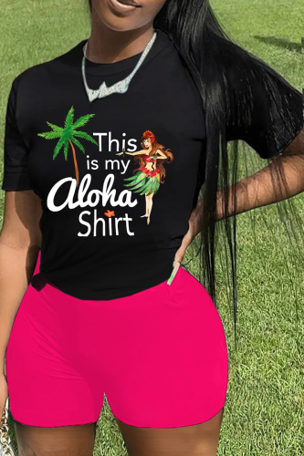 Black Rose Red Street Print Patchwork O Neck Short Sleeve Two Pieces