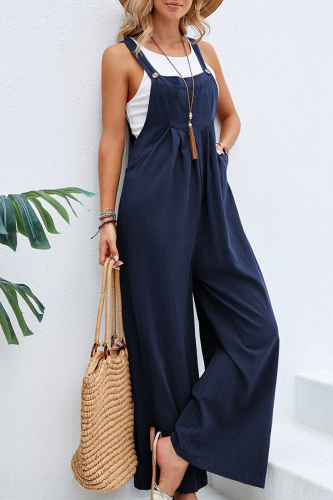 Deep Blue Casual Vacation Solid Buttons Square Collar Loose Jumpsuits