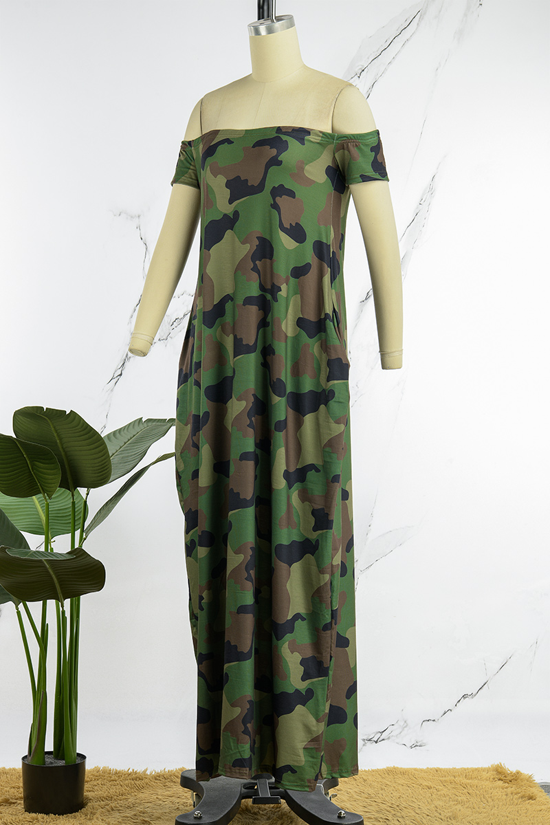 Military Green Printed Maxi Dress With Side Shoulder Placket With Half Sleeves
