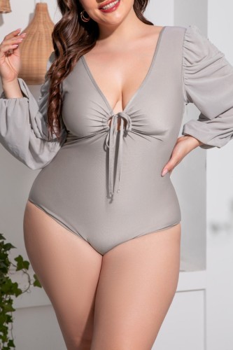 Grey Sexy Solid Frenulum V Neck Plus Size Swimwear (Without Paddings)
