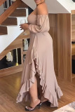Khaki Celebrities Solid Hollowed Out Backless Off the Shoulder Asymmetrical Dresses