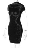 Black Casual Patchwork Hot Drill Half A Turtleneck Short Sleeve Dress