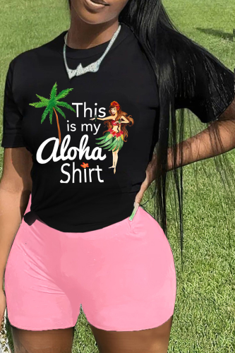 Black Pink Street Print Patchwork O Neck Short Sleeve Two Pieces