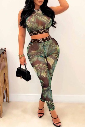 Black Sexy Print Patchwork See-through O Neck Sleeveless Two Pieces