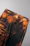 Brown Casual Print Basic Regular High Waist Conventional Full Print Trousers