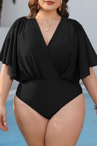 Black Sexy Solid Patchwork V Neck Plus Size Swimwear (With Paddings)