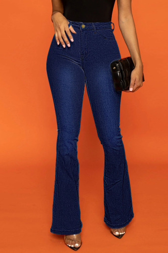 Dark Blue Casual Solid Patchwork High Waist Boot Cut Denim Jeans