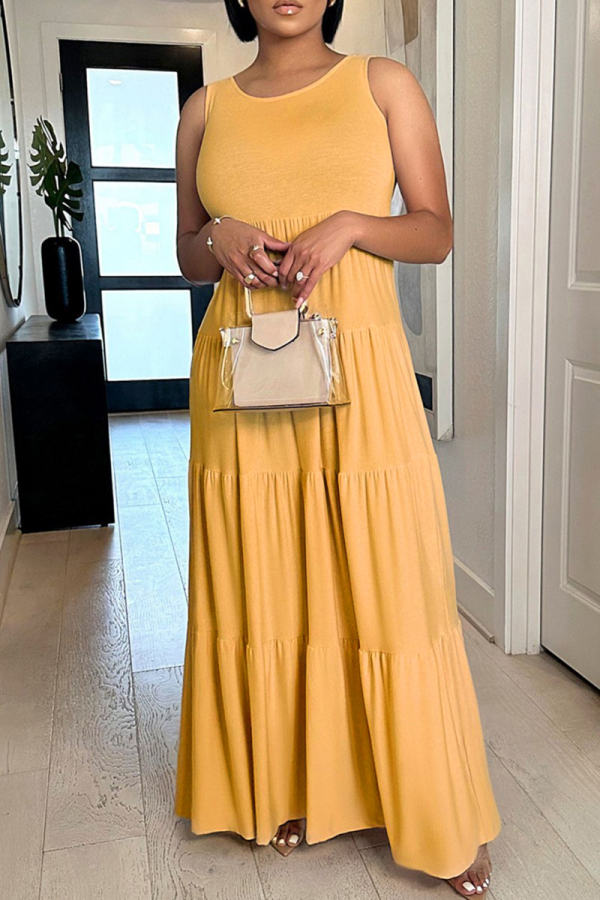 Earth Yellow Casual Solid Basic O Neck Long Dress Dresses