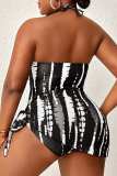 Plus Size Black Sexy Print Bandage Hollowed Out Backless Halter Swimwear (With Paddings)