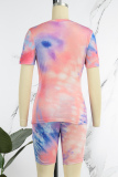 Powder Blue Casual Print Tie-dye O Neck Short Sleeve Two Pieces