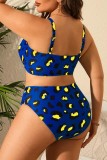 Blue Sexy Print Backless Spaghetti Strap Plus Size Swimwear (With Paddings)