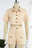 Apricot Casual Solid Patchwork Turndown Collar Short Sleeve Two Pieces