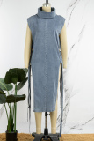 Blue Casual Solid Patchwork Slit Turtleneck Sleeveless Regular Denim Dresses