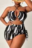 Plus Size Black Sexy Print Bandage Hollowed Out Backless Halter Swimwear (With Paddings)
