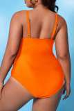 Plus Size Orange Sexy Solid Hollowed Out Backless Spaghetti Strap Swimwear (With Paddings)