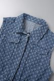 Blue Casual Solid Patchwork Turndown Collar Sleeveless Regular Denim Waistcoats