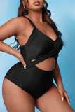 Plus Size Black Sleeveless Backless Cutout Vacation Beach Cami One Piece Swimwear With Paddings