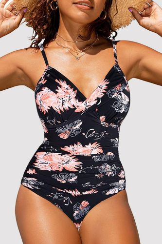 Black Pink Sexy Print Backless Fold Swimwears (With Paddings)