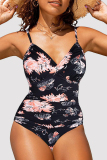 Black Red Sexy Print Backless Fold Swimwears (With Paddings)