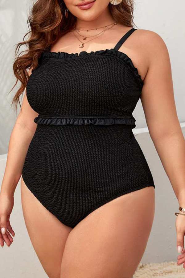 Plus Size Black Sexy Solid Backless Spaghetti Strap Swimwear (With Paddings)
