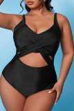 Plus Size Black Sexy Solid Hollowed Out Backless Spaghetti Strap Swimwear (With Paddings)