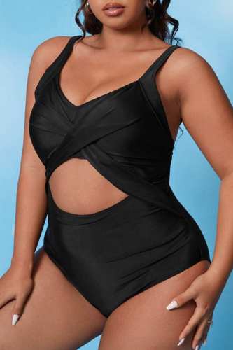 Plus Size Black Sleeveless Backless Cutout Vacation Beach Cami One Piece Swimwear With Paddings