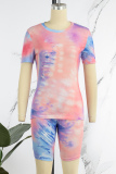 Light Pink Casual Print Tie-dye O Neck Short Sleeve Two Pieces