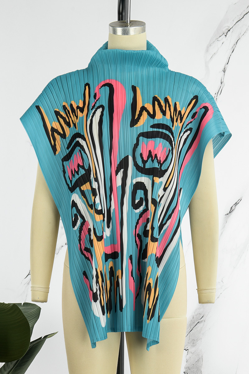 Wholesale Rose Red Casual Print Asymmetrical Turtleneck Tops K80167-3 Online