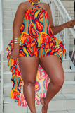 Tangerine Red Casual Vacation Print Hollowed Out Printing Halter Sleeveless Two Pieces