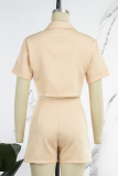Apricot Casual Solid Patchwork Turndown Collar Short Sleeve Two Pieces