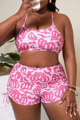Plus Size Pink Sexy Print Bandage Backless Spaghetti Strap Swimwear (With Paddings)