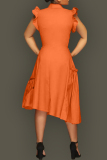 Tangerine Red Casual Solid Patchwork Turndown Collar Irregular Dress Dresses
