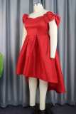Red Casual Party Solid Patchwork V Neck A Line Dresses