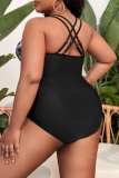 Plus Size Black Sexy Print Patchwork Backless V Neck Swimwear (With Paddings)