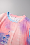 Purple Casual Print Tie-dye O Neck Short Sleeve Two Pieces
