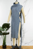 Blue Casual Solid Patchwork Slit Turtleneck Sleeveless Regular Denim Dresses
