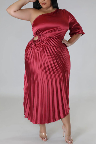 Burgundy Elegant Solid Patchwork Draw String Fold Oblique Collar One Step Skirt Plus Size Dresses