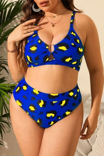 Blue Sexy Print Backless Spaghetti Strap Plus Size Swimwear (With Paddings)
