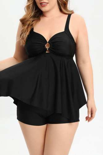 Plus Size Black Sexy Print Solid Patchwork Backless Spaghetti Strap Swimwear