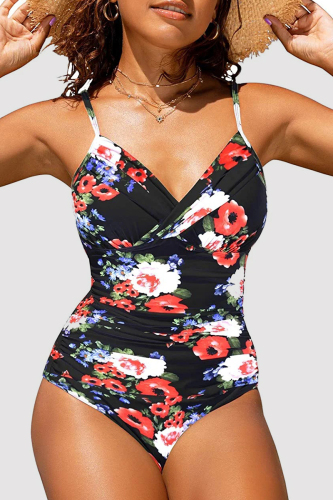 Black Red Sexy Print Backless Fold Swimwears (With Paddings)