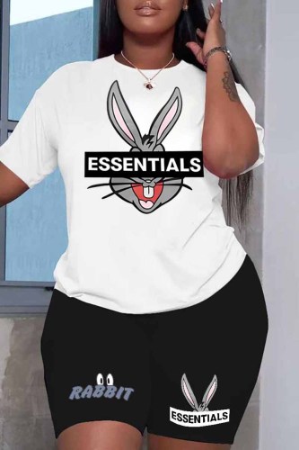 White Street Character Print Letter O Neck Plus Size Two Pieces