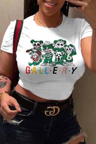 White Casual Print Letter O Neck T-Shirts