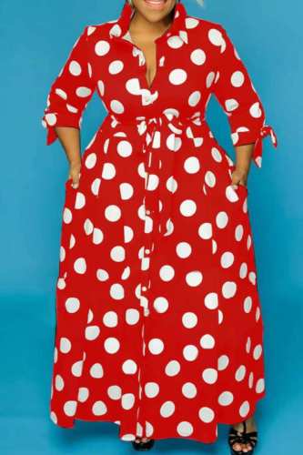 Red Casual Dot Print Patchwork Turndown Collar Plus Size Dresses